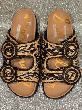 SAM EDELMAN REINA Braided Black and Tan Slide Sandals - Women